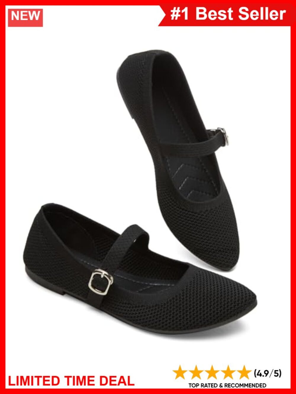 Women's Mary Jane Flats Buckle Strap Pointed-Toe Dress Shoes Knit